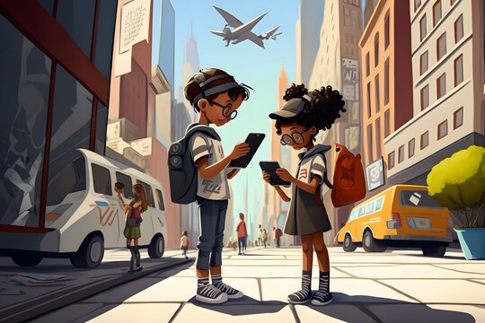 two kids in futuristic street created using AI Generative Technology