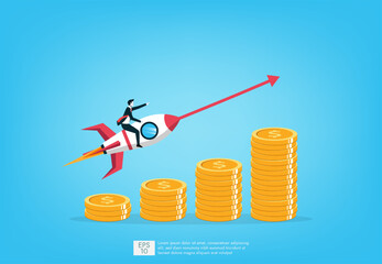 Smart businessman takeoff with the rocket flying symbol, successful business startup, profitable investment, career growth and development, financial increase and rise