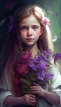 painting girl holding flowers, princess amethyst kid innocence portrait holy necromancer little elf, generative ai