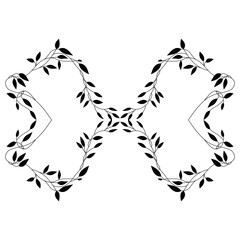 Symmetrical heart shape design or frame with leaf branches. Black silhouette on white background.