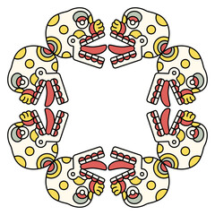 Ethnic frame with Mexican skulls. Codex design of Aztec Indians. Miquiztli. Dia de los Muertos. Day of the Dead symbol.