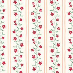 Indian Trailing Flowers and Vertical Stripes Vector Seamless Pattern. Cottagecore Chintz Floral Background. Delicate Summer Boho Print