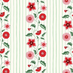 Indian Trailing Flowers and Vertical Stripes Vector Seamless Pattern. Cottagecore Chintz Floral Background. Delicate Summer Boho Print