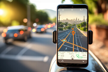 smartphone with gps navigator, blurred traffic background, generative ai