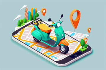 online map navigator on smartphone, transport cyclomotor concept, gps, generative ai