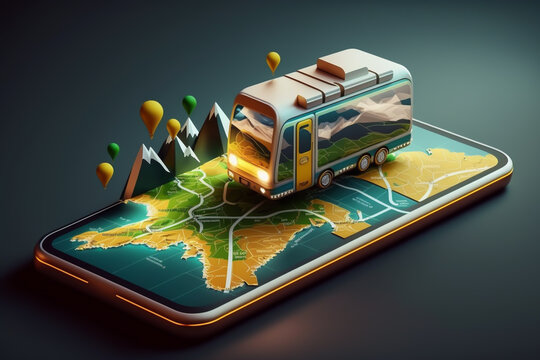online map navigator on smartphone, transport autocaravan concept, gps, generative ai
