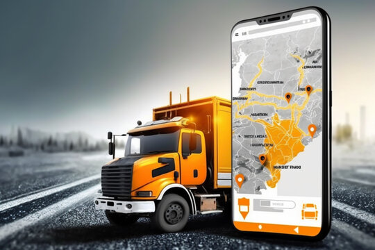 online map navigator on smartphone, transport truck freight concept, gps, generative ai