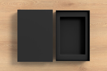 Open black box packaging mockup on wooden background. Template for your design