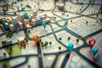 3d city map with 3d pointers location, gps, transport concept, generative ai - obrazy, fototapety, plakaty