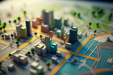 3d city map with 3d pinters location, gps, transport concept, generative ai