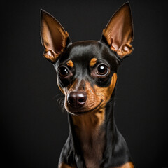 Studio shot with adorable miniature pinscher dog portrait with the curiosity and innocent look as concept of modern happy domestic pet in ravishing hyper realistic detail by Generative AI.