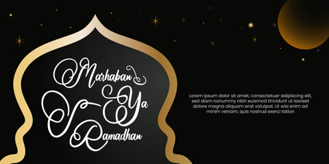 Fototapeta na wymiar Marhaban Ya Ramadhan Greeting with hand lettering calligraphy and illustration. Islamic greeting background can use for Eid Mubarak