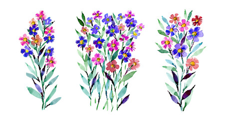 A set of flower bouquets with flowers on a white background. Watercolor abstract flowers for invitation design. Wedding flowers for background, postcards