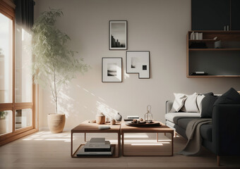Scandinavian-style living room with natural wood finishes, minimalist decor, and cozy textiles - Generative AI