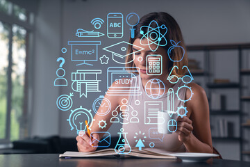 Smiling woman in casual wear taking notes in notebook at office workplace with coffee cup. Concept of distant business education, information technology, dreaming, thinking. Math drawings