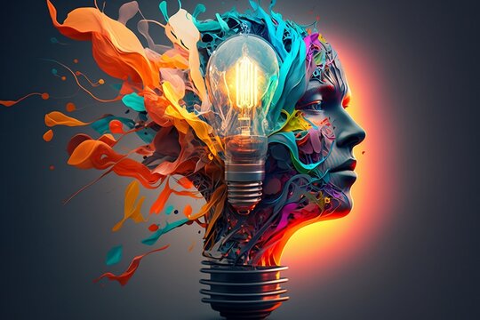Colorful 3D illustration representing a person with a creative mind, lightbulb, clear facial details, energetic, collage