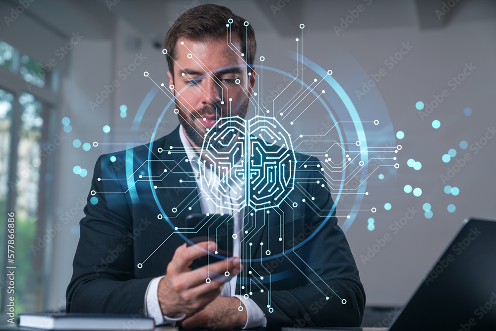 Poster smiling businessman talking holding using smartphone typing at office workplace with notebook. conce