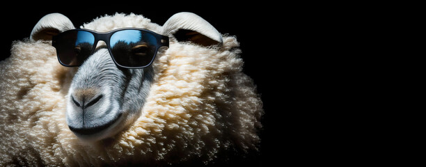 Cool sheep with sunglasses.  The stereotypical passive follower.  Image created with generative ai - obrazy, fototapety, plakaty