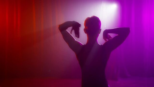 Silhouette of sexy woman dancing on glowing led red pink studio spotlights background. Seductive dance performer shot on RED camera in slow motion. Sexy moves with hands touching body in smoky studio