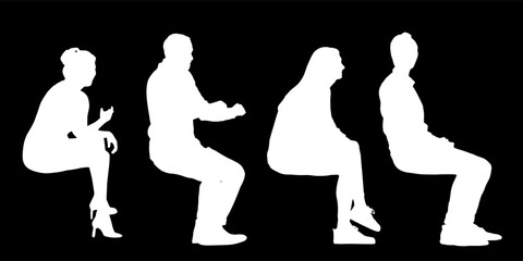 Set of silhouettes of men and a women, a group of sitting people white color isolated on black background