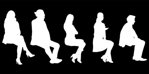 Set of silhouettes of men and a women, a group of sitting people white color isolated on black background