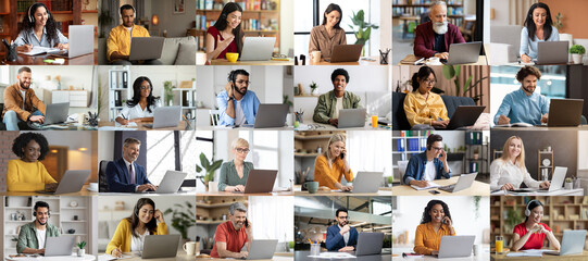 International group of entrepreneurs working on laptop, collage