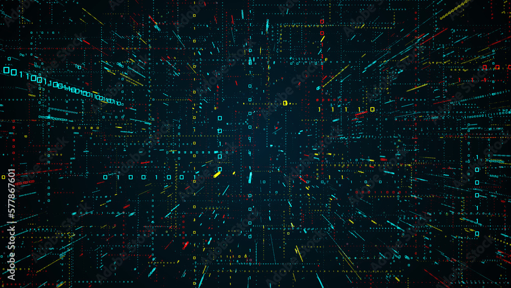 Poster futuristic digital technology data processing bluish green red yellow shiny vertical horizontal bina