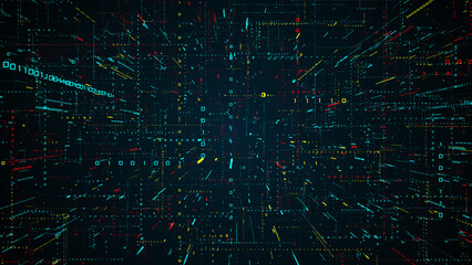 Futuristic Digital Technology Data Processing Bluish Green Red Yellow Shiny Vertical Horizontal Binary Digital Number 01 3d Geometric Matrix Background