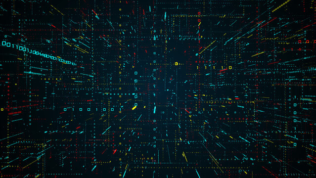 Futuristic Digital Technology Data Processing Bluish Green Red Yellow Shiny Vertical Horizontal Binary Digital Number 01 3d Geometric Matrix Background