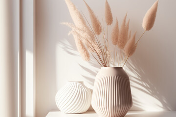Airy soft light beige fluffy reeds in vase in sunbeam with shadow in delicate pastel pink interior on white wood table, copy space.