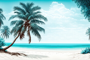 Fototapeta na wymiar Banner of idyllic tropical beach with white sand, palm tree and turquoise blue ocean 