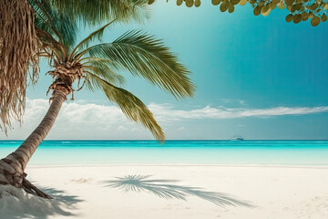 Banner of idyllic tropical beach with white sand, palm tree and turquoise blue ocean 