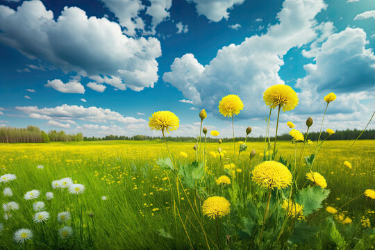 Beautiful meadow field with fresh grass and yellow dandelion flowers in nature against a blurry blue sky with clouds. Summer spring natural landscape. 