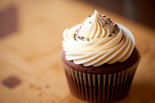 a stack of chocolate cupcakes with a white frosting swirl and sprinkles, created with generative ai