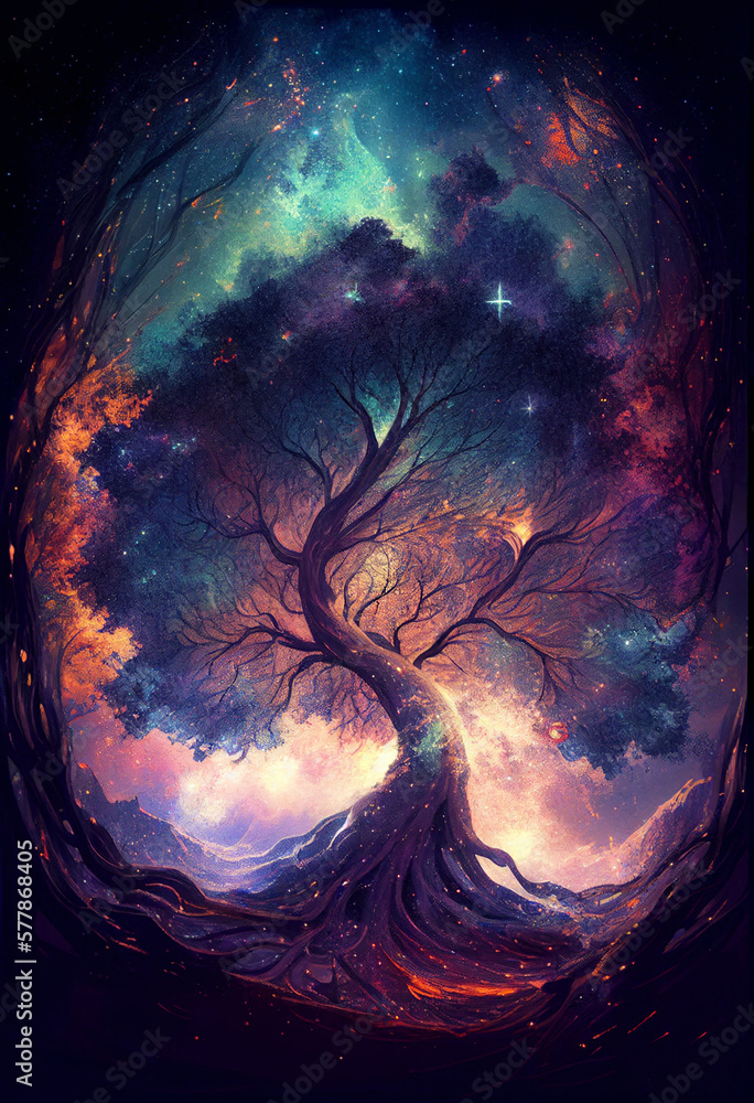 Wall mural tree of the universe on cosmic background. abstract colorful fantasy art. generative ai