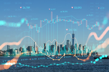 Plakat New York City skyline of Financial Downtown, Hudson River waterfront, skyscrapers at day time. Manhattan, USA. Forex graph hologram. The concept of internet trading, brokerage and fundamental analysis