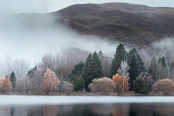 Snapshot of a hoar frost blowing across Wairepo Arm, Lake Ruataniwha, Twizel, New Zealand