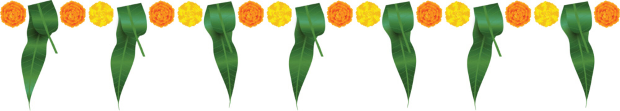 Decorative marigold flowers and mango leaves toran border design in a very attractive and creative style useful for Indian festival celebration.
