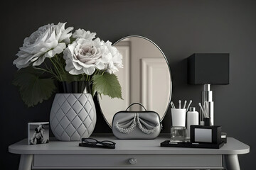 Modern elegant female dressing table with black glass vase with flowers, mirror, silver cosmetic bag on grey color wall and white wood board. 