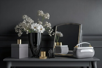 Modern elegant female dressing table with black glass vase with flowers, mirror, silver cosmetic bag on grey color wall and white wood board. 