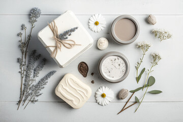 Fototapeta na wymiar Natural spa cosmetics with white cream, clay, salt, soap and small dry flowers on white wood background, interior, border.