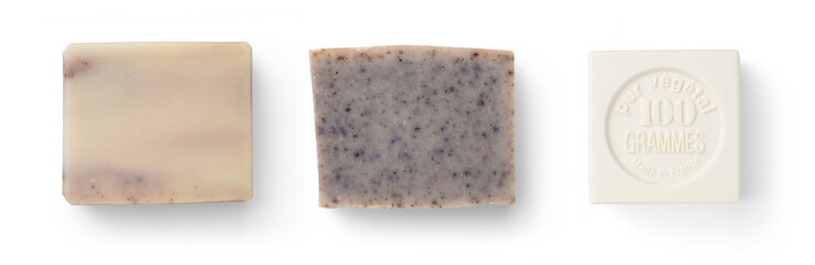 set of three bars of natural soap, hand made, lavender and olive oil soap, white soap bar based on...