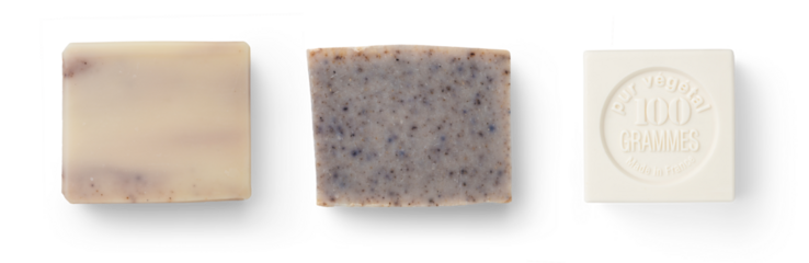 set of three bars of natural soap, hand made, lavender and olive oil soap, white soap bar based on milk, isolated design elements, spa, wellness, beauty or hand-made trend themed items, top view