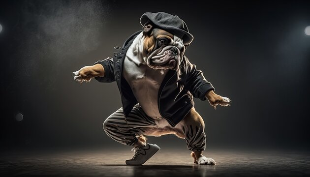 Hilarious Dog Dancing on Stage with Concert Lights. AI Generative.