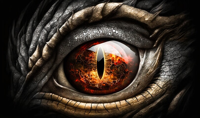 Eye of the dragon. Dragon eye ball abstract fiery orange eye ball,  dark scales close up, gothic style masterpiece. Year of the dragon 2024. Image created with generative ai.