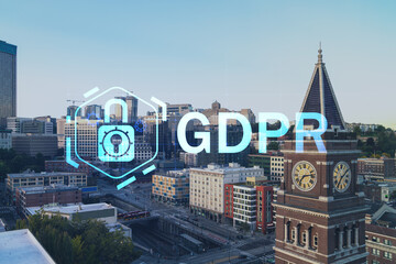 Seattle aerial skyline panorama of downtown at day time, Washington USA. GDPR hologram, concept of data protection regulation and privacy for all individuals