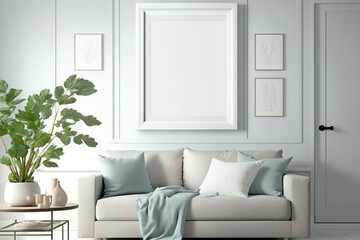 Modern and cozy living room with empty blank picture frame mockup in scandinavian style. Generative ai interior concept