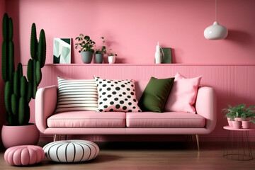 Stylish, modern and cozy pink interior with modern European sofa. Generative AI design