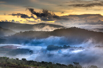 Beautiful images of the radiant dawn with reflecting rays through the fanciful clouds on over the pine forests, which created an impressive breathtaking scene of highlands in the morning in Dalat, VN