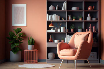 Stylish and modern cozy interior with orange terracotta armchair and grey bookshelf by orange wall. Generative ai illustration